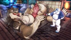 absurd_res animal_genitalia animal_penis anthro asian_clothing balls bear biped brown_body brown_fur canid canine canine_genitalia canine_penis claws clothing duo east_asian_clothing erection fingers food fundoshi fur genitals hi_res hot_spring japanese_clothing knot male male/male mammal mythological_canine mythological_creature mythology narram onsen penis polar_bear size_difference sushi tail tongue tongue_out underwear ursine vein veiny_penis water werecanid werecanine werecreature werewolf