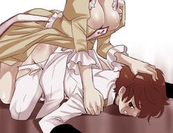 1boy 1futa anal anal_sex breasts brown_eyes brown_hair cleavage clothed_sex code_geass crying cum cum_in_ass cum_inside doggy_style dress futa_on_male futadom futanari hand_on_head implied_futanari intersex kallen_stadtfeld kururugi_suzaku large_breasts male no_testicles on_floor sex shiraishi_asuka straight tears torn_clothes