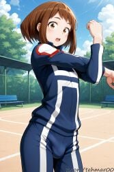 1boy ai_generated bench blue_sky blush boku_no_hero_academia brown_eyes brown_hair bulge cowboy_shot day femboy genderswap_(ftm) jacket long_sleeves looking_at_viewer male my_hero_academia ochako_uraraka open_mouth outdoors rule_63 short_hair sky solo stretching tagme tehmar track_jacket track_pants track_suit trap tree