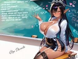 ai_generated black_hair breasts cleavage cleavage_overflow commission commissioner_upload dark-skinned_female dark_elf dark_hair dark_skin edited edited_ai elf elf_ears elf_female elf_girl eyeshadow female female_focus female_only girl high_resolution highres kuroinu_~kedakaki_seijo_wa_hakudaku_ni_somaru~ large_breasts large_thighs olga_discordia olgaaiart open_clothes open_shirt pencil_skirt photoshop pointy_ears self_upload shirt skirt stockings tanned tanned_female tanned_girl tanned_skin teacher teacher_clothing teacher_outfit tits_bigger_than_head tsurime white_shirt yellow_eyes