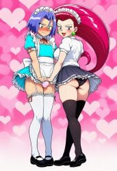 ai_generated ass_focus blue_eyes blue_hair blue_oni blushing bulge bulge_grab bulge_under_clothes crossdressing crotch crotchless_panties femboy green_eyes hurt james_(pokemon) jessie_(pokemon) looking_at_viewer looking_down maid maid_apron maid_headdress maid_outfit maid_uniform otoko_no_ko otokonoko pokemon pokemon_(anime) pokemon_(classic_anime) pokemon_anime pokemon_character red_hair red_oni sexy sexy_pose team_rocket twink