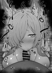 1boy 1girls :>= animal_ears big_penis black_and_white blowjob blue_archive blush breasts censored dark-skinned_male dark_skin detailed_background drooling erection eyelashes fellatio female female_focus hair_over_one_eye heart heart-shaped_pupils humanoid indoor inside kanna_(blue_archive) kurotama long_hair looking_at_viewer male male_pov monochrome oral oral_sex penis public public_peace_bureau_(blue_archive) room saliva shiny shiny_skin sound_effects squatting straight sweat text tongue tongue_out valkyrie_police_school_student vein veins veiny veiny_penis