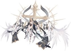 azur_lane black_gloves blonde_hair breast_cutout breasts cannon cg cleavage cross dress fake_horns female flight_deck full_body gloves gold_trim habit half_gloves halo high_heels holding horns implacable_(azur_lane) large_breasts long_bangs long_hair long_sleeves looking_at_viewer nun official_art pelvic_curtain revealing_clothes rigging sitting solo thighhighs turret two-tone_dress veil very_long_hair weapon white_horns white_thighhighs wings