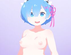 :d ai_assisted blue_eyes blue_hair breasts bright_pupils collarbone female hair_ornament hair_over_one_eye hair_ribbon looking_at_viewer maid_headdress medium_breasts nipples nude open_mouth pink_ribbon rawr69 re:zero_kara_hajimeru_isekai_seikatsu rem_(re:zero) ribbon short_hair simple_background smile solo teeth upper_body upper_teeth_only white_pupils x_hair_ornament