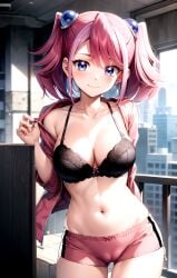 1girl ai-created ai_generated arm_behind_back ass_visible_through_thighs bare_shoulders black_bra blue_eyes blush bow bow_bra boyshort_panties boyshorts bra breasts cameltoe cleavage closed_mouth collarbone cowboy_shot female groin hair_bobbles hair_ornament hand_up hiiragi_yuzu indoors jacket lace-trimmed_bra lace_trim large_breasts long_sleeves looking_at_viewer medium_breasts medium_hair multicolored_hair navel off_shoulder open_clothes open_jacket panties pink_hair pink_jacket pink_shorts railing rena_aikawa_(pixiv_user) short_hair short_shorts short_twintails shorts sidelocks single_bare_shoulder smile solo standing stomach swept_bangs thighs track_jacket twintails two-tone_hair underwear window yu-gi-oh! yu-gi-oh!_arc-v zipper zipper_pull_tab