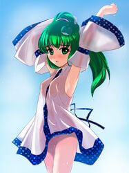 armpits arms_up blush bottomless breasts detached_sleeves frog green_eyes green_hair hair_ornament no_bra no_panties ponytail sanae_kochiya see-through shirt sideboob snake tied_hair touhou wet wet_clothes wet_shirt yamaguchi_takashi yamaguchi_yuu