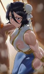 1boy 1girl 1girls abs ahegao_light ai_generated angry_expression anime_style ass black_hair bleach blue_qipao blush bodysuit breasts buns chun-li_(classic) chun-li_(cosplay) cleavage confused deepthroat depth_of_field detailed_eyes detailed_face dojo drooling duo fellatio female from_side glare glistening hair_buns hair_ribbons hand_on_penis hentai highres holding_penis huge_breasts huge_penis ichigo_kurosaki indoors intense_eyes kuchiki_rukia large_breasts looking_at_viewer male muscular muscular_female muscular_woman nipples open_mouth oral oral_sex penis penis_in_mouth profile_view purple_eyes qipao saliva see-through_clothes shiny_skin sideboob sleeveless strong_arms strong_woman sucking sweat sweatdrop tears_of_pleasure thick_ass thick_thighs toned torn_clothes underboob veiny_penis wet wet_clothes white_qipao white_ribbons wide_hips wooden_floor