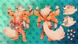 2_penises 4_arms 5_fingers abs absurd_res animal_genitalia animal_penis anthro arcanine areola balls biped canid canine canine_genitalia canine_penis claws diphallism erection fingers fur fusion generation_1_pokemon genitals hi_res horizontal_diphallism knot machamp male mammal model_sheet multi_arm multi_genitalia multi_limb multi_penis muscular muscular_anthro muscular_male narram nintendo nipple_piercing nipples orange_body orange_fur pecs penis piercing pokemon pokemon_(species) pokemon_fusion solo tail tongue tongue_out vein veiny_penis