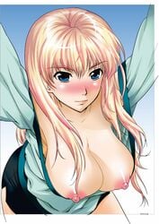 blue_eyes blush breasts clothing core-suke large_breasts long_hair macross macross_frontier nipples pointy_chin sheryl_nome skirt smile