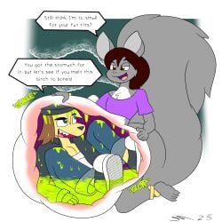 absurd_res anthro black_clothing blonde_hair bottomwear canid canine canis chinchilla chinchillid clothing dirtymac domestic_dog female femboy fur grey_body grey_fur hair hi_res instant_loss_2koma internal jacket male mammal maroon_hair oral_vore orange_eyes purple_clothing purple_shirt purple_topwear red_hair rodent shirt shorts topwear vore yellow_body yellow_fur