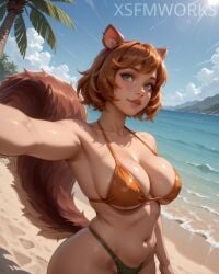ai_generated animal_ears armpits bangs bare_shoulders beach bikini blue_sky breasts brown_hair cleavage closed_mouth cloud cloudy_sky collarbone cowboy_shot day female freckles green_eyes horizon large_breasts lips looking_at_viewer marvel marvel_rivals navel ocean outdoors palm_tree sand shiny shiny_skin shore short_hair sky smile solo squirrel_ears squirrel_girl_(marvel) squirrel_girl_(marvel_rivals) squirrel_tail standing stomach string_bikini summer swimsuit tail tree underboob water waves wet xsfmworks