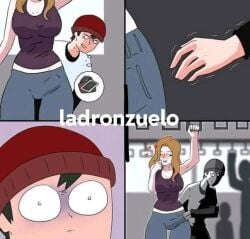 1boy 1futa boner boner_in_pants clothed erect_penis erection erection_under_clothes futa_on_male futanari intersex male penis pickpocket pickpocketing public regret tagme tagme_(artist) train train_interior