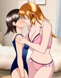 2girls bra charlotte_e._yeager huge_breasts kissing large_breasts lesbian lesbian_couple lesbians long_hair miyafuji_yoshika orange_hair panties short_hair strike_witches sukumizu world_witches_series yu_to_ryoku yuri