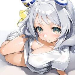 ai_generated cleavage green_eyes hishi_miracle_(umamusume) looking_at_viewer ribbon_in_hair shirt silver_hair tagme umamusume umamusume_pretty_derby