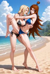 2girls 2milfs ai_generated athletic athletic_female beach big_breasts bikini blonde_female blonde_hair blonde_hair_female breasts brown_hair catfight detailed_feet fight huge_breasts mei_terumi milf milf_on_milf milfs naruto naruto_(series) naruto_shippuden sand sea seaside shore shoreline tsunade wrestling wrestlingryona yuri