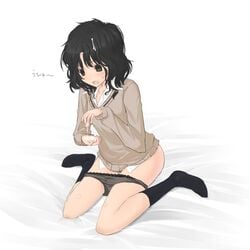 black_hair black_legwear black_panties black_socks bottomless chef_no_kimagure_salad cum cum_on_hair footwear highres knee_socks kneehighs kneesocks messy_hair mikipuruun_no_naegi open_collar panties panty_pull pubic_hair school_uniform socks sweatdrop sweater tanamachi_kaoru underwear