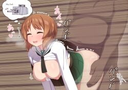 1boy blush bouncing_breasts breasts brown_hair closed_eyes clothed_female_nude_male clothed_sex dark-skinned_male doggy_style female girls_und_panzer glory_wall kulettula large_breasts nipples nishizumi_miho ooarai_school_uniform open_mouth pzkpfw_38(t) sex sex_from_behind shirt_lift straight stuck stuck_in_wall tank through_wall vaginal_penetration