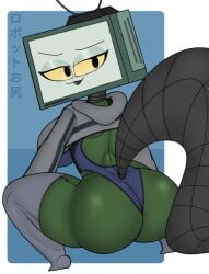 goldenisbunny green_skin kanji medium_breasts nozomi_(goldenisbunny) robot robot_girl robot_tail smug_face stockings sweater swimsuit tagme tv_head tv_screen