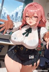 ai_generated big_breasts black_belt black_skirt black_wrist_belt braided_ponytail breasts candypinklips earrings female glasses hair_between_eyes hair_ornament hair_ribbon hair_ring high-waist_skirt id_card long_hair neck_ribbon outstretched_arms pink_eyes pink_hair shirt_frilled_sleeves sidelocks standing tsukishiro_yanagi watermark white_dress zenless_zone_zero