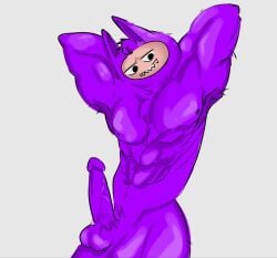 1boy abs bara dick erection labubu male male_only muscular naked non-human non-human_only penis pierced_nipples sharp_teeth toony toony_face white_background yaoi
