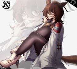 agnes_tachyon_(umamusume) brown_hair female labcoat pantyhose red_eyes smile thicc umamusume umamusume_pretty_derby white_skin yultarinn