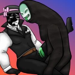 artful_(die_of_death) bulge bulge_through_clothing clothed_frotting dacryphilia die_of_death_(roblox) frotting green_penis kaonashi male male/male masked_male monster monster/human monster_cock penis precum pursuer_(die_of_death) roblox roblox_game robloxian size_difference tagme tagme_(artist) tented_briefs