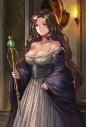 ai_generated blush breasts brown_hair cleavage dress female giant_breasts gown large_breasts light-skin light-skinned light-skinned_female long_hair mature_female medieval medieval_background medieval_outfit medieval_woman purple_eyes royal royalty scepter see_through_clothing sheer