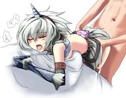 blush breasts capcom closed_eyes color doggy_style elbow_gloves gloves grey_hair grune hairband horn horns human kirin_(armor) midriff monster_hunter saliva sex short_hair sideboob tongue torso_grab white_hair