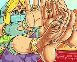1boy absurd_res anklet bangle barefoot blonde_hair blue_eyes blue_nails bottomwear clothed clothing femboy foot_fetish foot_focus gerudo_link highres hylian jewelry light_skin link male male_only mask ring soles solo the_legend_of_zelda tinsay_(artist) toe_ring topwear