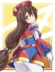 armor ass ass_focus ass_visible_under_skirt beret big_ass blush blush bodystocking breasts brown_hair cougar1404 cute female female_focus from_behind from_below gradient_background green_eyes huge_ass iris_(mega_man) long_hair looking_at_viewer looking_back medium_breasts mega_man mega_man_x ponytail red_armor red_beret robot skirt smile solo white_pants yellow_background