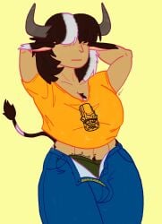 2d animal_print anthro black_hair bottomwear bovid bovine breasts bulge cheesenoodle chest_tuft cleavage clothed clothing cow_ears cow_print denim denim_bottomwear denim_clothing digital_drawing_(artwork) digital_media_(artwork) eye_bags facial_piercing futanari genitals green_clothing green_underwear hair hair_over_eyes hands_behind_head herm hi_res horn hybrid intersex jeans mammal nose_piercing orange_clothing orange_shirt orange_topwear pants pants_undone piercing shirt simple_background solo tail throbbing topwear tuft underwear white_hair yellow_background