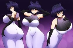 1girls animal_ears armwear ass ass_shot ass_support backboob big_ass big_breasts black_gloves black_hair blake_belladonna breasts bubble_ass bubble_butt cat_ears cleavage clothing dress elbow_gloves female female_only gloves hair hands_on_ass huge_ass huge_breasts kmkz-art multiple_views purple_dress rwby short_hair smile solo solo_female yellow_eyes
