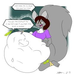 absurd_res anthro belly big_belly bottomwear chinchilla chinchillid clothing dirtymac female femboy fur grey_body grey_fur hair hi_res instant_loss_2koma male mammal maroon_hair oral_vore orange_eyes purple_clothing purple_shirt purple_topwear red_hair rodent shirt shorts topwear vore white_body white_fur