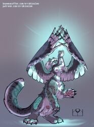 abstract_background animal_genitalia animal_penis anthro big_breasts blue_eyes breasts casting_spell errokioslem feathered_wings feathers felid feline_genitalia feline_penis full-length_portrait fur furry futanari genitals hair hi_res intersex intersex_taur looking_at_object mammal markings nipples on_hind_legs pantherine penis pink_nipples portrait raised_arms raised_wings sheath snow_leopard solo_focus spots spotted_body spotted_fur spotted_markings spotted_tail tail tail_markings taur three-quarter_view white_hair wings
