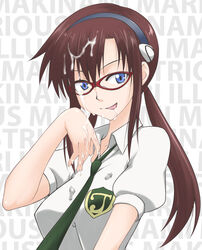 1girls blue_eyes breasts brown_hair clothing cum facial female glasses human light-skinned_female light_skin long_hair looking_at_viewer mari_illustrious_makinami mikagami_sou necktie neon_genesis_evangelion rebuild_of_evangelion school_uniform solo straight_hair