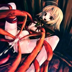 1girls blonde_hair censored cum cum_inside cumdrip female flat_chest highres hitomaru nil-eve open_clothes open_shirt original penetration pussy rape red_eyes shirt short_hair tears tentacle tentacle_on_female tentacle_rape tentacle_suspension thighhighs vaginal_penetration white_legwear white_thighhighs