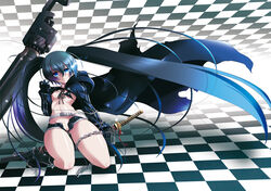 arm_cannon belt black_rock_shooter black_rock_shooter_(character) breasts c.r. chains checkered coat female green_hair gun highres navel nipples pussy scar solo tied_hair twintails uncensored unzipped weapon