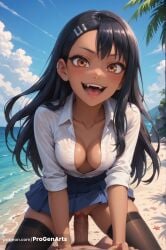 1boy 1boy1girl 1girls ai_generated artist_name beach black_hair black_thighhighs blue_skirt blue_sky blush breasts brown_eyes cleavage clothed_female_nude_male clothed_sex cloud collarbone cowgirl_position dark-skinned_female dark_skin day earrings fangs female hair_ornament hairclip hayase_nagatoro hi_res jewelry long_hair looking_at_viewer male medium_breasts nagatoro_hayase no_panties ocean open_mouth outdoors patreon_username penis please_don't_bully_me,_nagatoro pleated_skirt pov progenarts pussy pussy_juice sex shirt skirt sky sleeves_rolled_up smile solo_focus straddling straight tan teeth thighhighs tree uncensored vaginal_penetration vaginal_sex veins veiny_penis web_address white_shirt