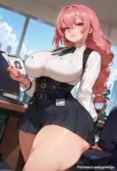 ai_generated big_breasts black_belt black_skirt black_wrist_belt braided_ponytail breasts candypinklips earrings female glasses hair_between_eyes hair_ornament hair_ribbon hair_ring high-waist_skirt holding_book id_card long_hair neck_ribbon pink_eyes pink_hair shirt_frilled_sleeves sidelocks standing tsukishiro_yanagi watermark white_dress zenless_zone_zero