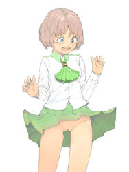 akimbo_(artist) brown_eyes brown_hair copyright_request no_panties pussy school_uniform skirt skirt_lift surprised surprised_arms uncensored wind_lift