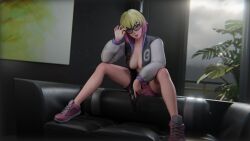 1girls 3d blonde_hair breasts female glasses gun gwenpool mafuyur34 marvel nipples solo