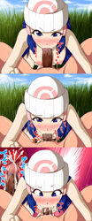 1boy 1girls beanie blue_hair blush breasts censored cloud clouds cum cum_in_mouth dark-skinned_male dark_penis dark_skin dawn_(pokemon) deepthroat eye_contact fellatio female grass hair_ornament half-closed_eyes hat high_resolution human human_only inset interracial looking_at_viewer male mosaic mosaic_censoring nintendo nipples nude open_mouth oral penis pokemon pokemon_dppt pov purple_eyes saliva sky straight sweat text uvula x-ray yume_no_tanuki