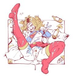 after_sex blonde_hair blue_eyes bottle bottles cum cum_in_pussy cum_inside dc dc_comics dceu exposed_breasts exposed_pussy kara_zor-el karen_starr leg_lift legs_up lobo_(dc) markings seepingooze shirt_lift shirt_up supergirl superhero superheroine writing_on_body