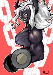 breast_wrap breasts chest_wraps dark_skin demon dumbbell evangel_babango eyes fanart female grinding helltaker horns judgement_(helltaker) laughing lifting_weights looking_at_viewer muscle_girl muscle_mommy muscles muscular muscular_female open_mouth smiling_at_viewer white_eyes white_hair working_out wraps