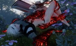 1boy 3d 3d_(artwork) big_hands blender blender_(software) blender_cycles clothed_sex clothes_lift forest forest_background grass grimoire_weiss half-dressed implied_penetration magic magic_hands magic_user male nier nier_(character) nier_(series) nier_replicant romantic suggestive suspension white_hair