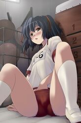 buruma copyright_request footwear gym_uniform hair_ribbon hand_in_buruma hand_in_panties kneehighs masturbation nishiyama_maruta panties ribbon shoes short_twintails sitting socks thighs tied_hair twintails underwear uwabaki vaulting_horse white_kneehighs white_legwear