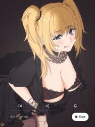 :p ani_(twitter) ani_(xai) big_boobs big_breasts big_tits big_titties black_dress black_gloves blonde_female blonde_hair blonde_hair_female breasts choker curvy_female curvy_figure female fishnets gloves goth goth_girl gothic grok grok_(x) huge_breasts ocetee showing_breasts showing_off tagme tongue twintails twintails_(hairstyle) twitter x