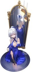 argus_(azur_lane) argus_(cerulean_enthrallment)_(azur_lane) ass azur_lane back backless_dress backless_outfit bare_shoulders black_background black_footwear blue_dress blue_eyes breasts cg cleavage closed_mouth detached_sleeves dress female full_body grey_hair halter_dress halterneck hand_on_own_chest high_heels high_ponytail jewelry long_hair looking_at_viewer medium_breasts mirror official_art parted_lips ponytail reflection simple_background solo standing white_hair