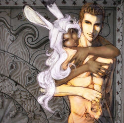 animal_ears balthier bunny_ears dark-skinned_female dark_skin female final_fantasy final_fantasy_xii fran_(ffxii) hug humanoid kemonomimi male nude_male silver_hair smiling_at_another straight viera