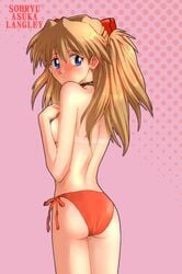 ass asuka_langley_sohryu blonde_hair blue_eyes blush female hair kikumaru_bunta long_hair looking_back neon_genesis_evangelion sideboob small_breasts swimsuit tanline